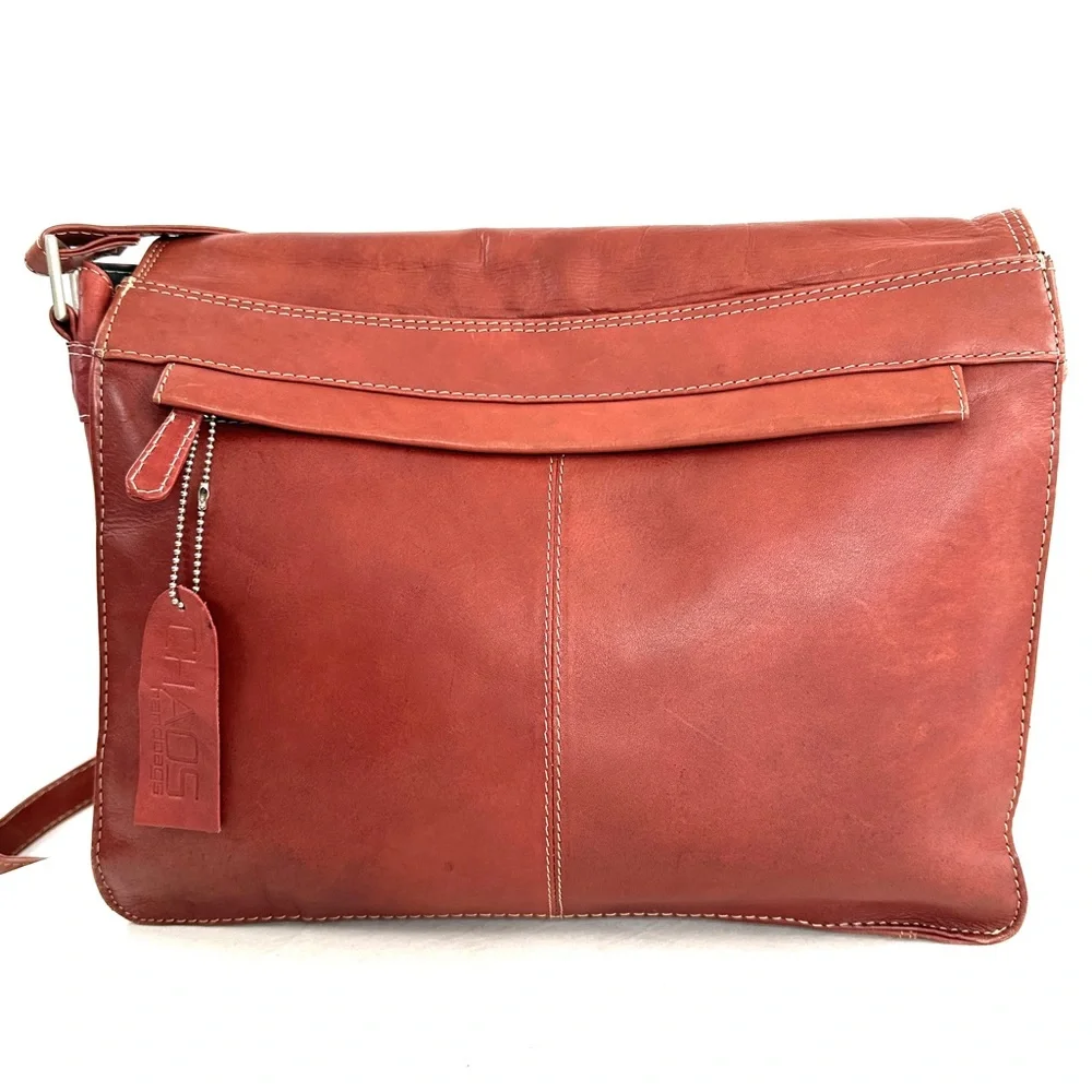 CHAOS Rust Brown Leather Medium Messenger Bag Organizer Office Commute Travel